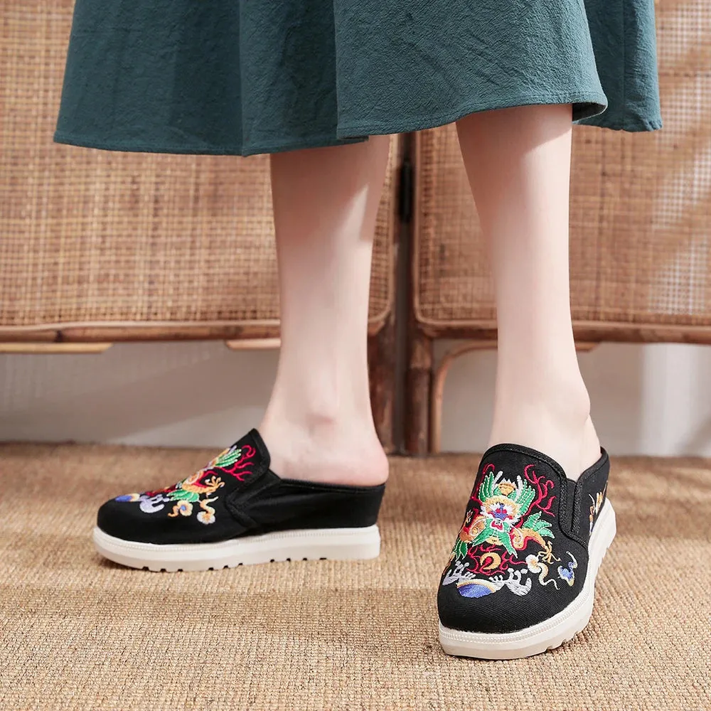 Veowalk Chinese Totem Embroidery Women's Casual Canvas Wedge Slippers Medium Hidden Heel Slip-on Comfort Platform Slides Shoes