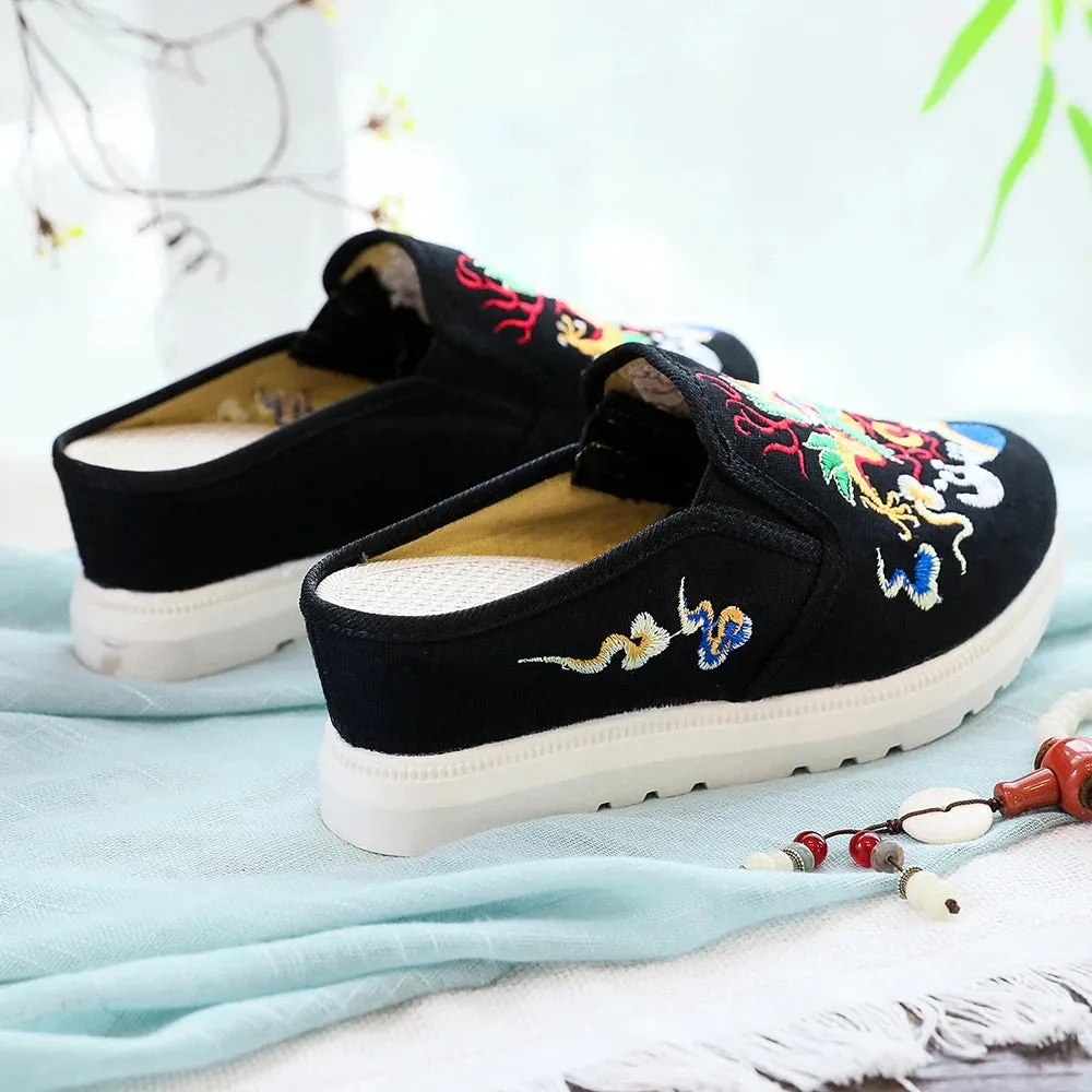 Veowalk Chinese Totem Embroidery Women's Casual Canvas Wedge Slippers Medium Hidden Heel Slip-on Comfort Platform Slides Shoes