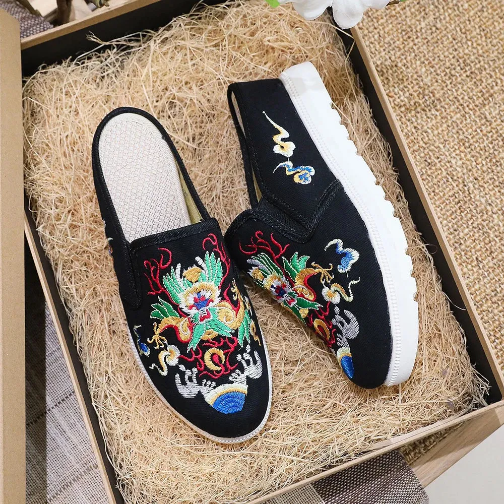 Veowalk Chinese Totem Embroidery Women's Casual Canvas Wedge Slippers Medium Hidden Heel Slip-on Comfort Platform Slides Shoes