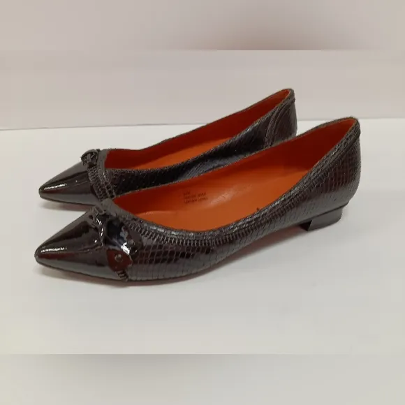VIA SPIGA Black Leather &amp; Patent Leather Pointy Flats with Zipper Accent
