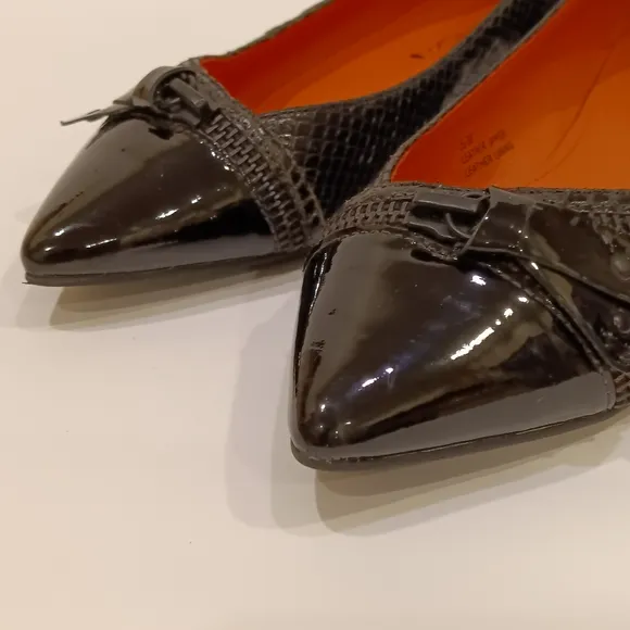 VIA SPIGA Black Leather &amp; Patent Leather Pointy Flats with Zipper Accent