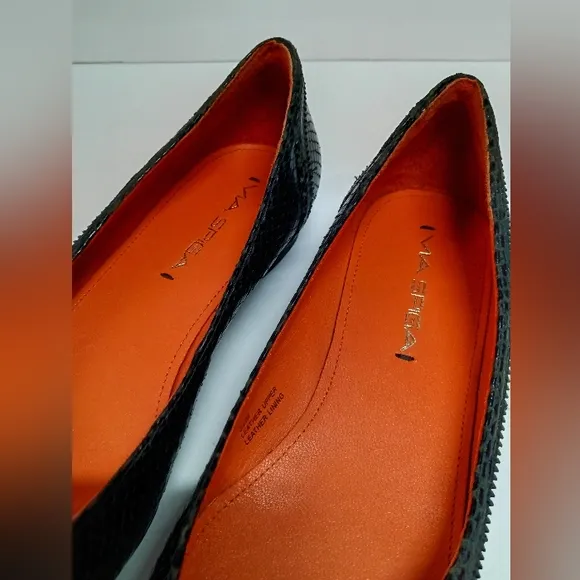 VIA SPIGA Black Leather &amp; Patent Leather Pointy Flats with Zipper Accent