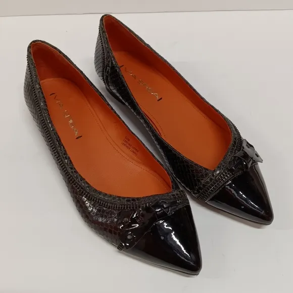VIA SPIGA Black Leather &amp; Patent Leather Pointy Flats with Zipper Accent
