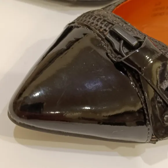 VIA SPIGA Black Leather &amp; Patent Leather Pointy Flats with Zipper Accent