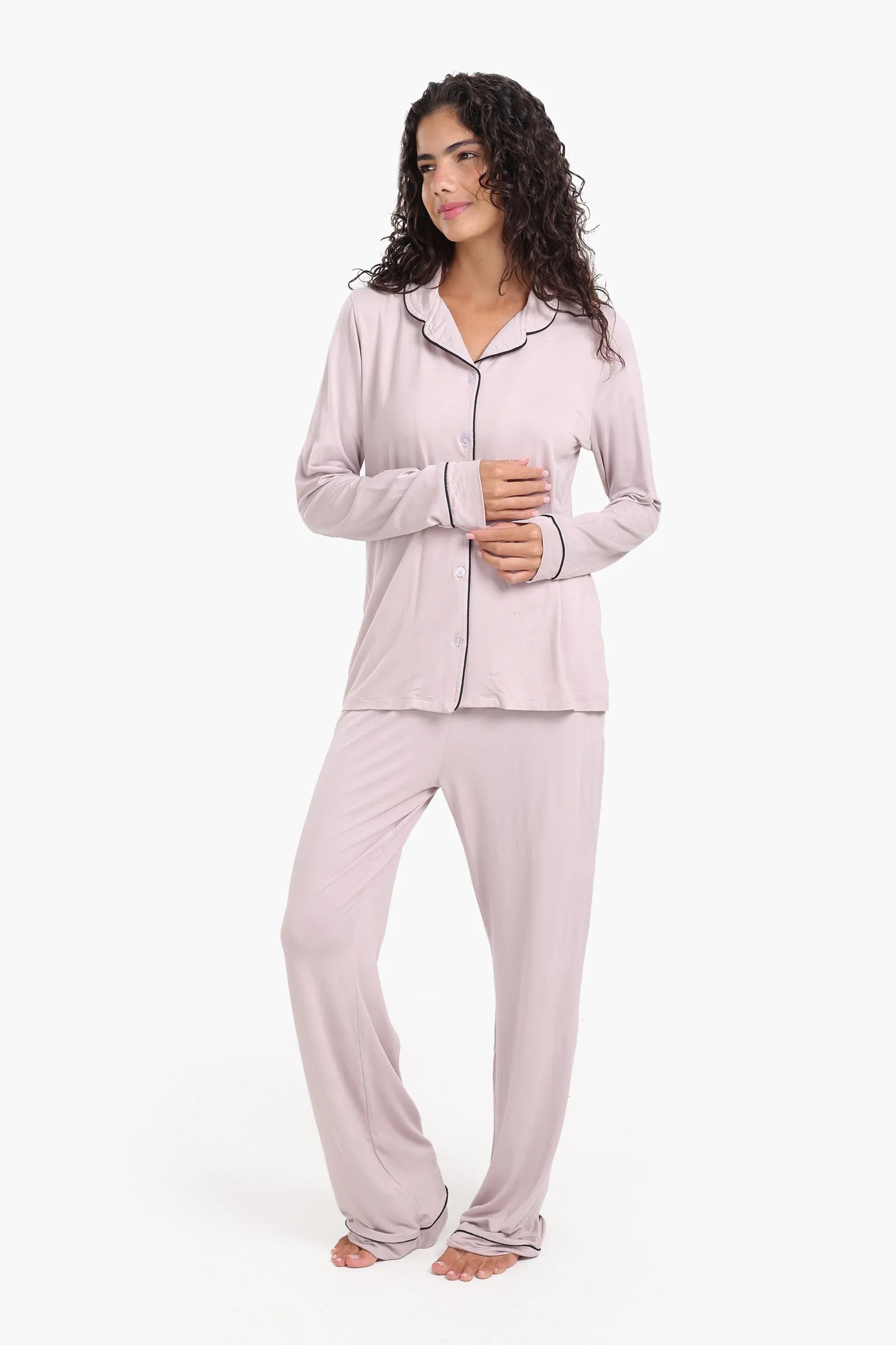 Viscose Contrast Piping Pyjama Set