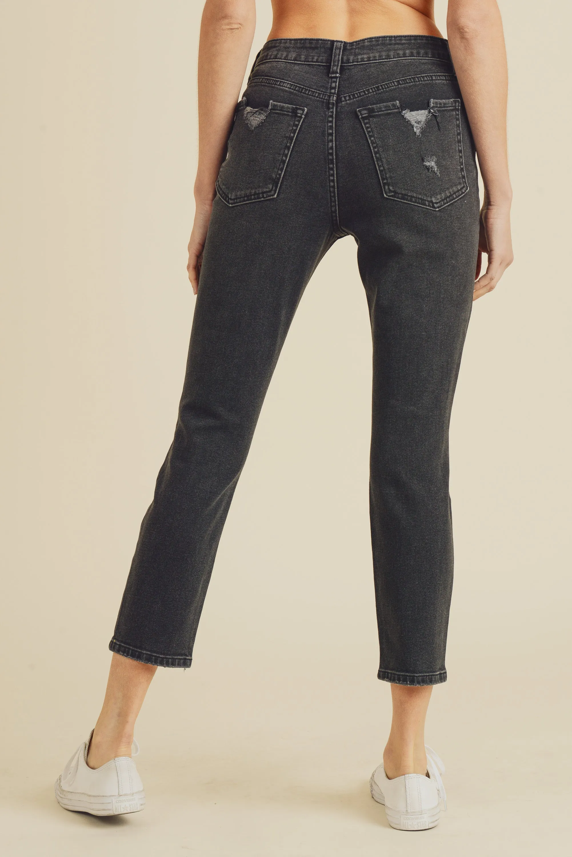 Washed High Rise Straight Leg Distressed Jeans