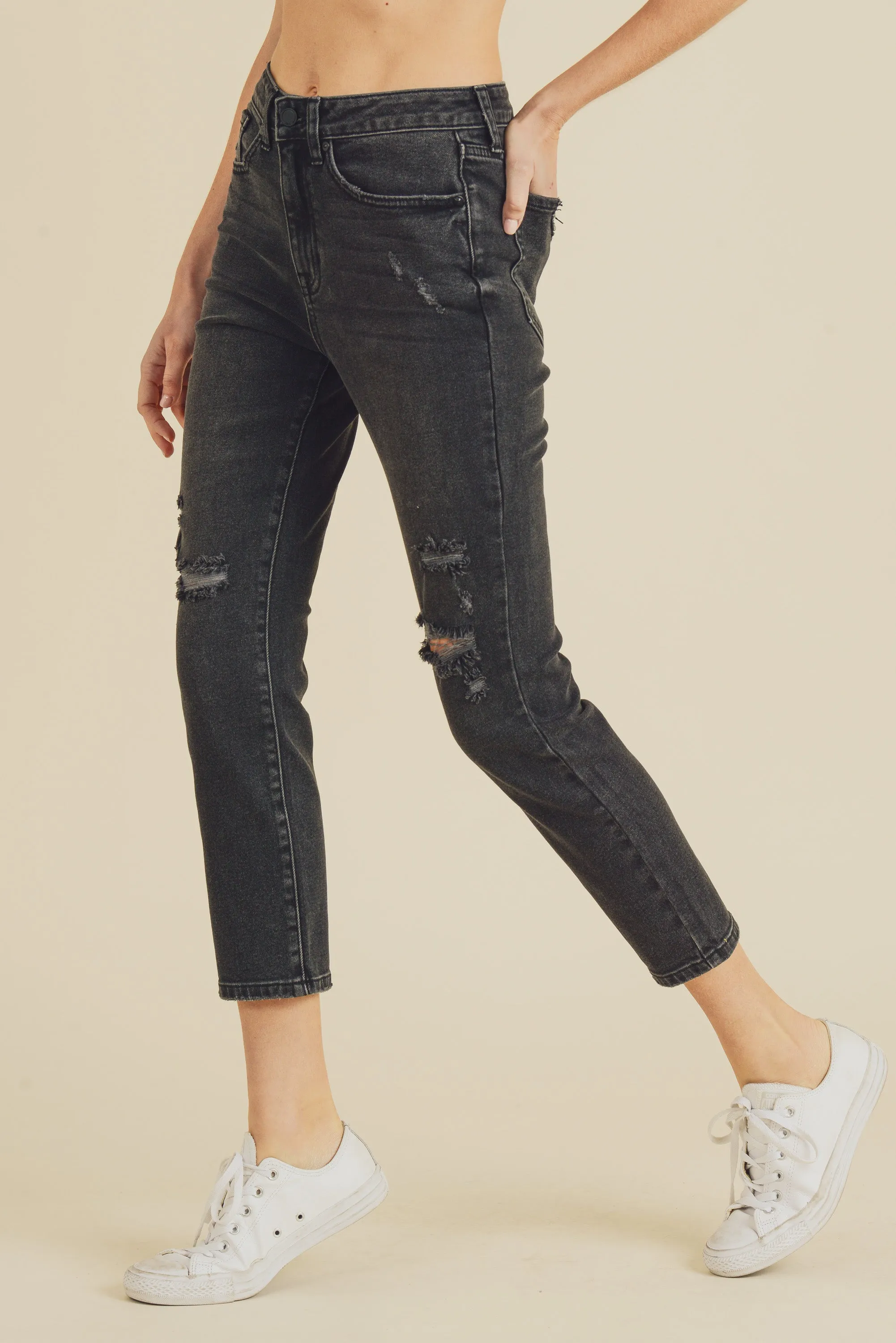 Washed High Rise Straight Leg Distressed Jeans