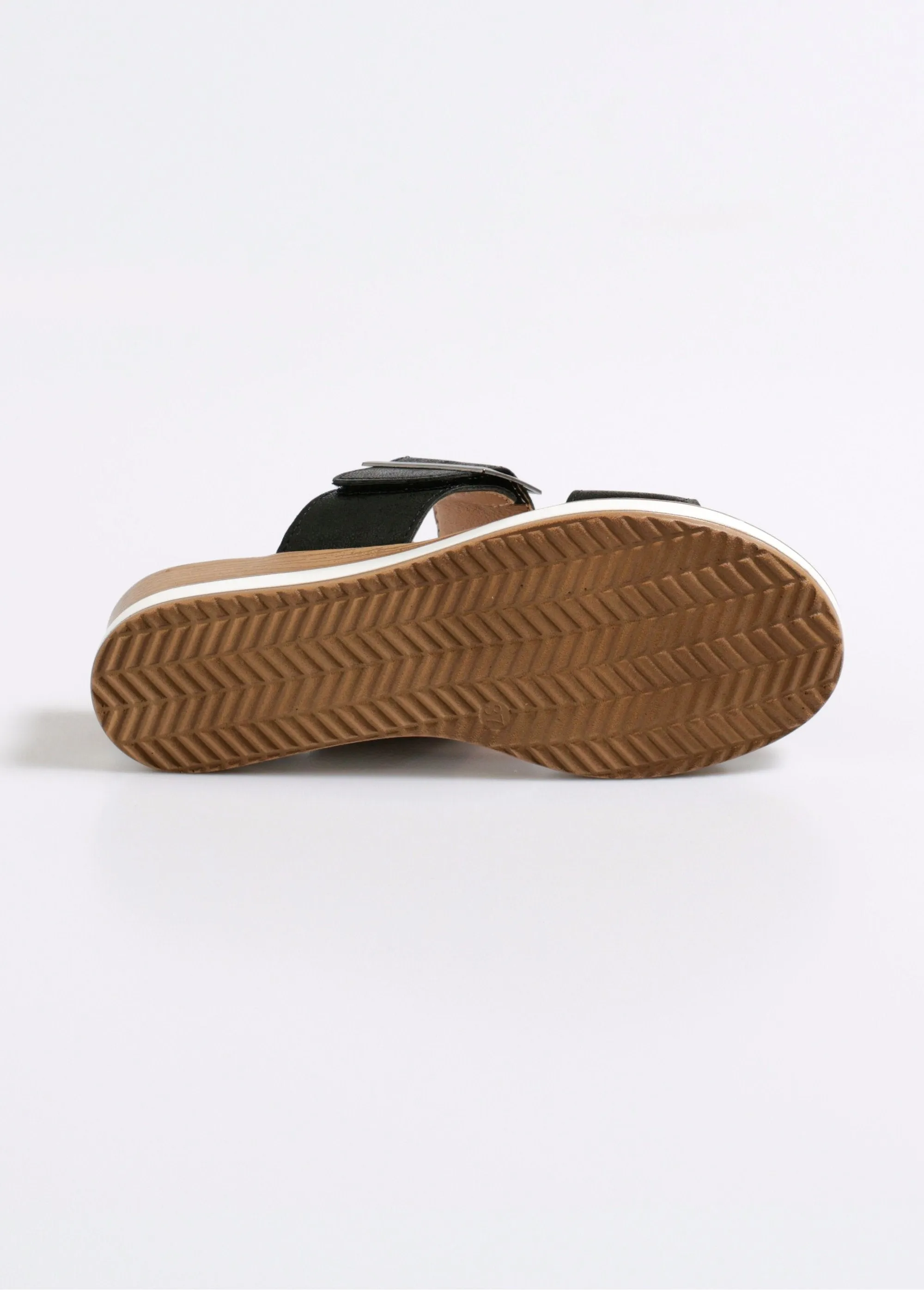 Wedge mules with fancy buckle strap