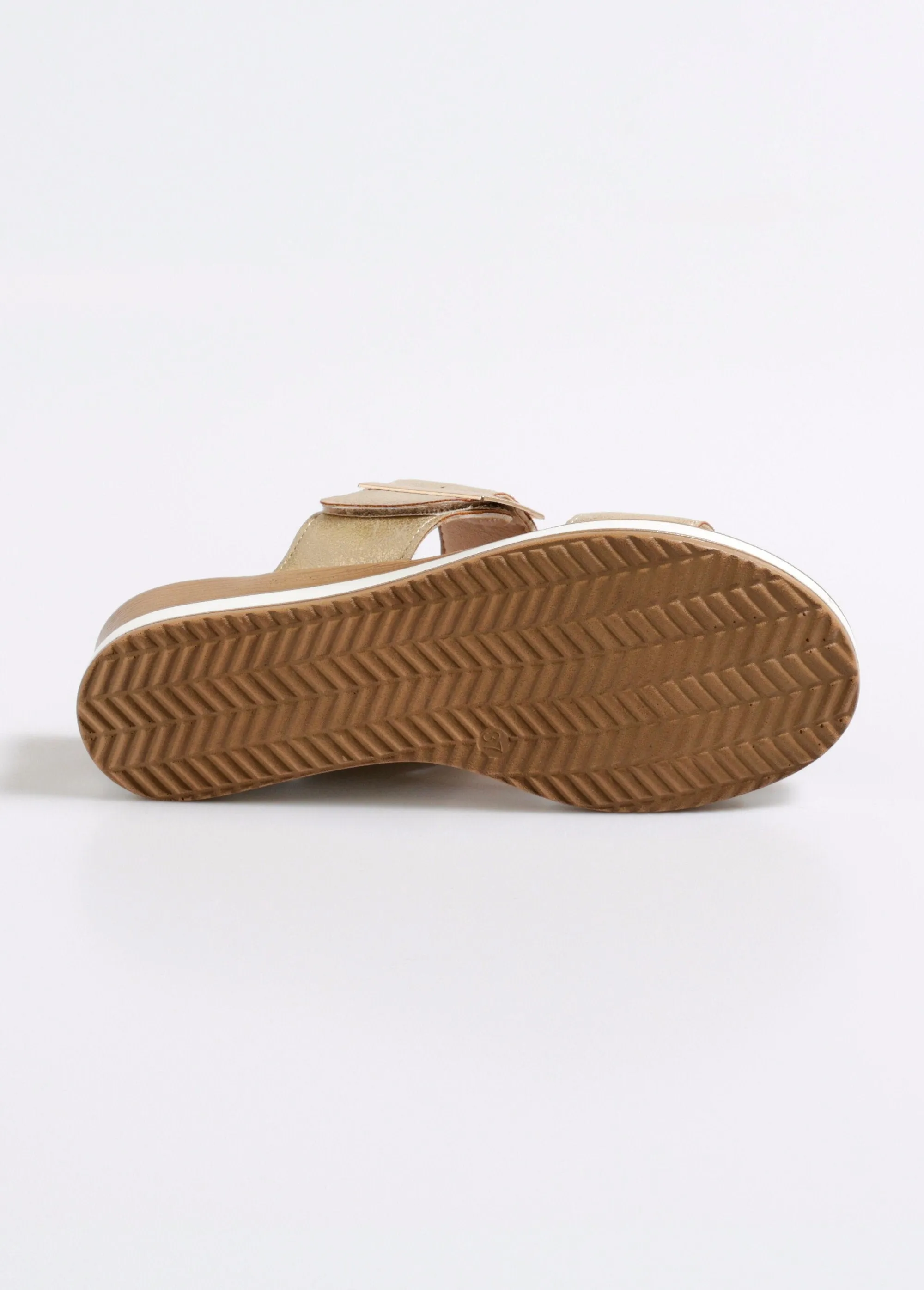 Wedge mules with fancy buckle strap