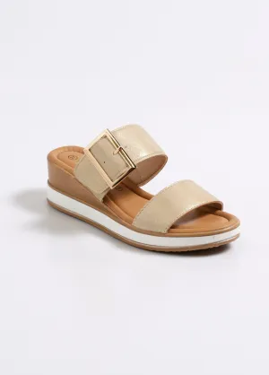Wedge mules with fancy buckle strap