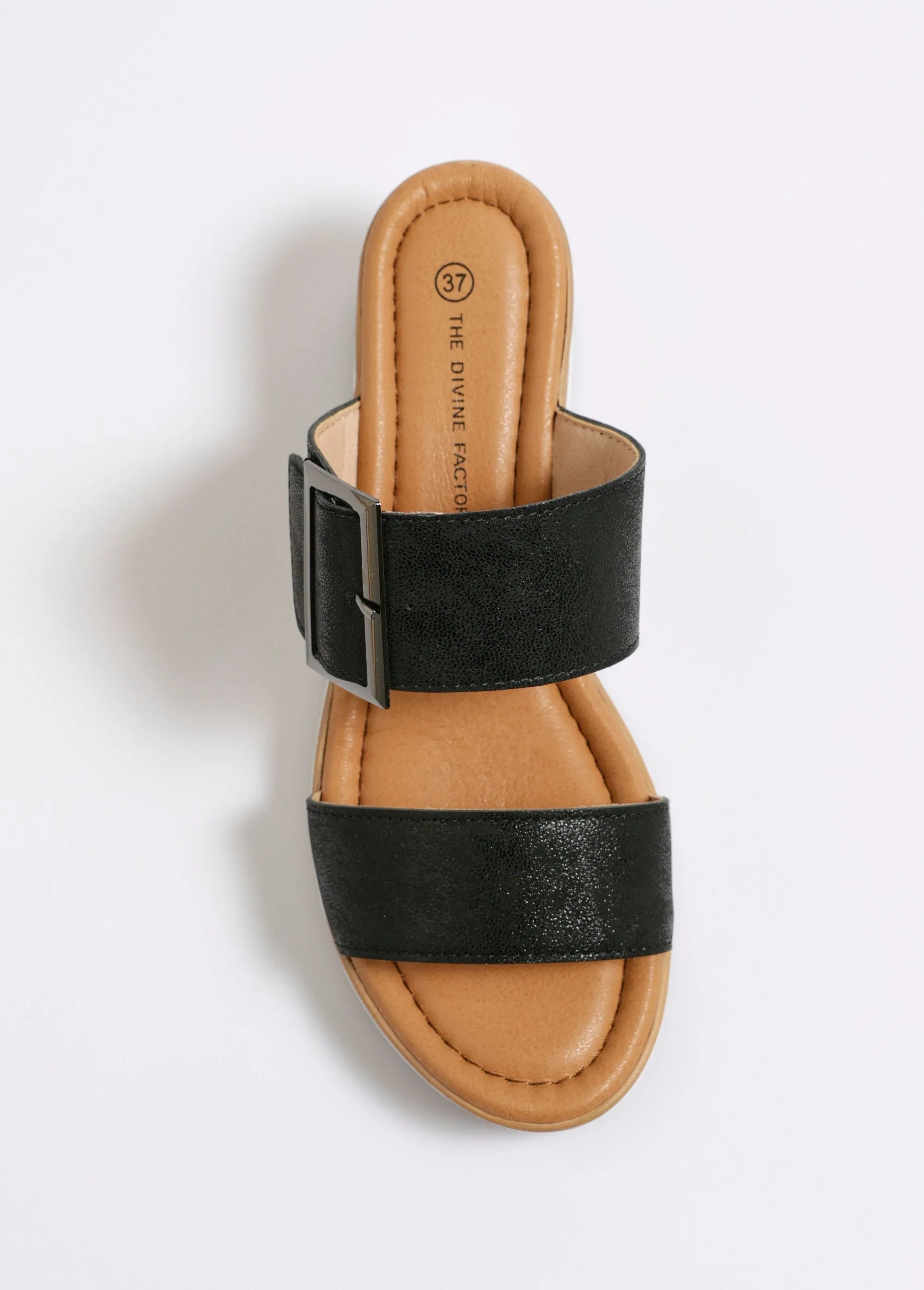 Wedge mules with fancy buckle strap