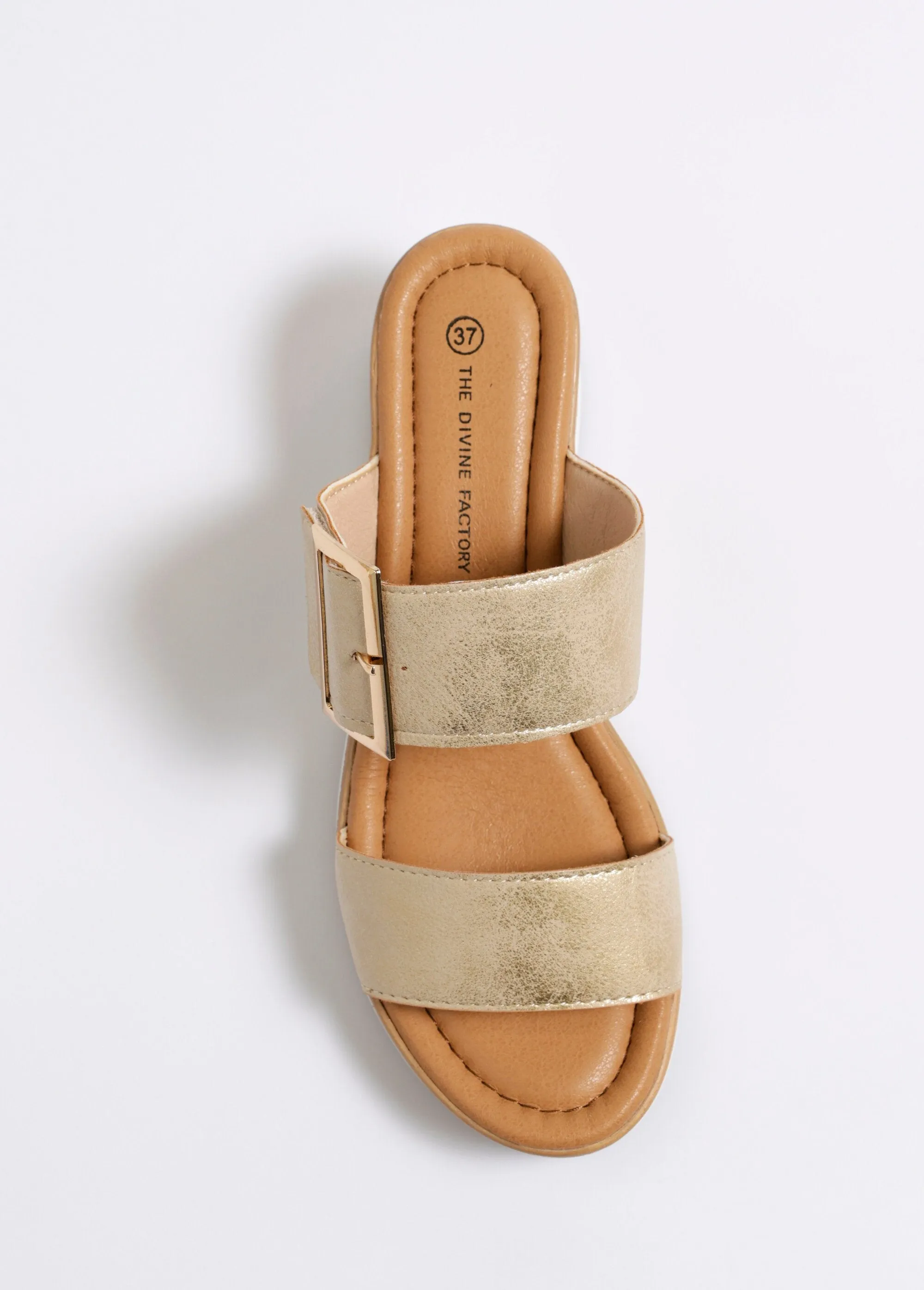 Wedge mules with fancy buckle strap