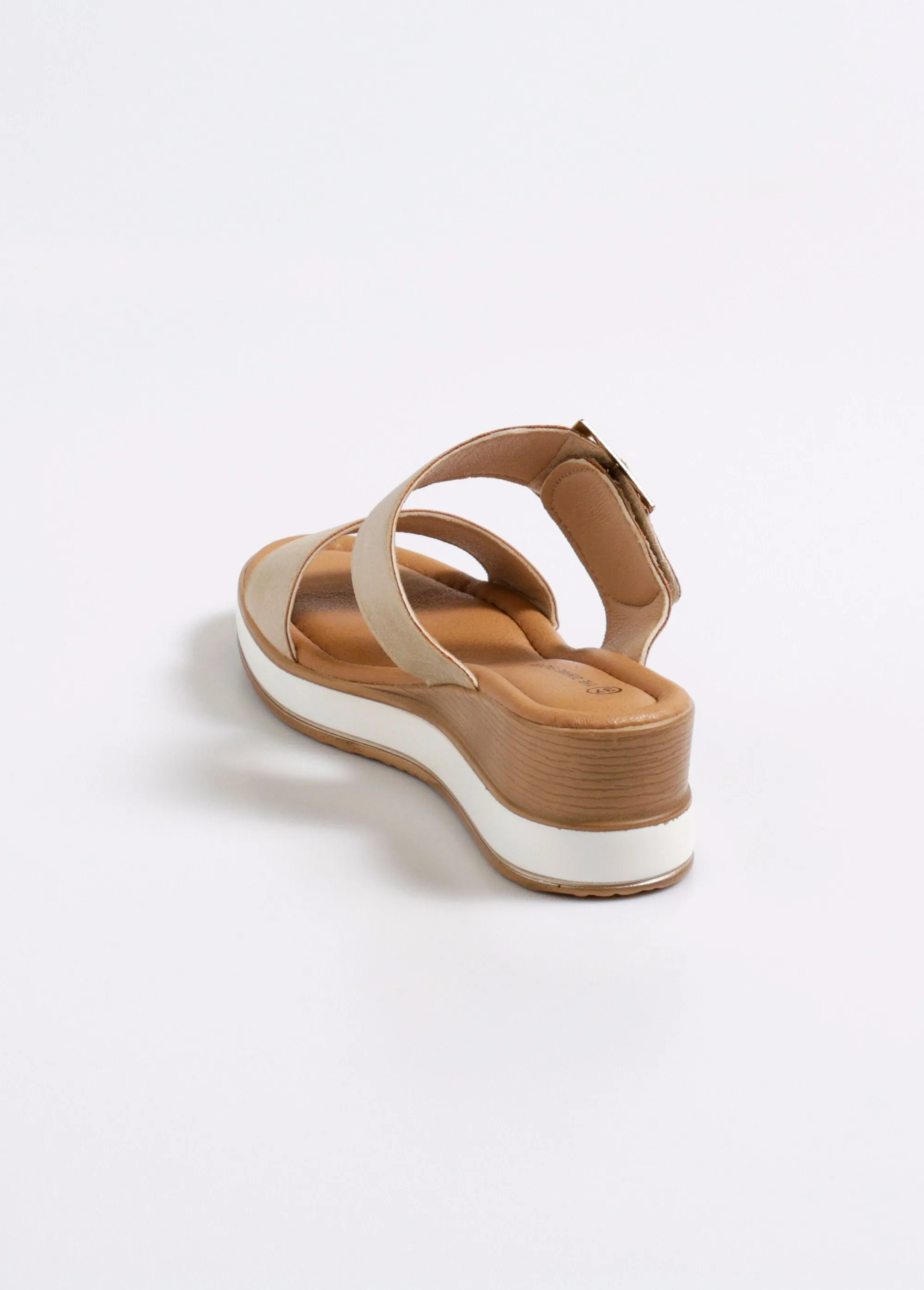 Wedge mules with fancy buckle strap
