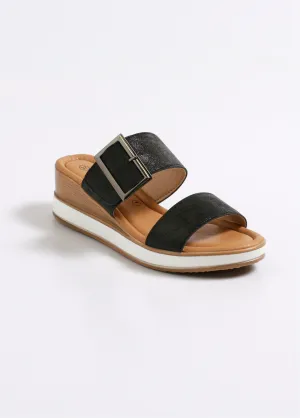 Wedge mules with fancy buckle strap