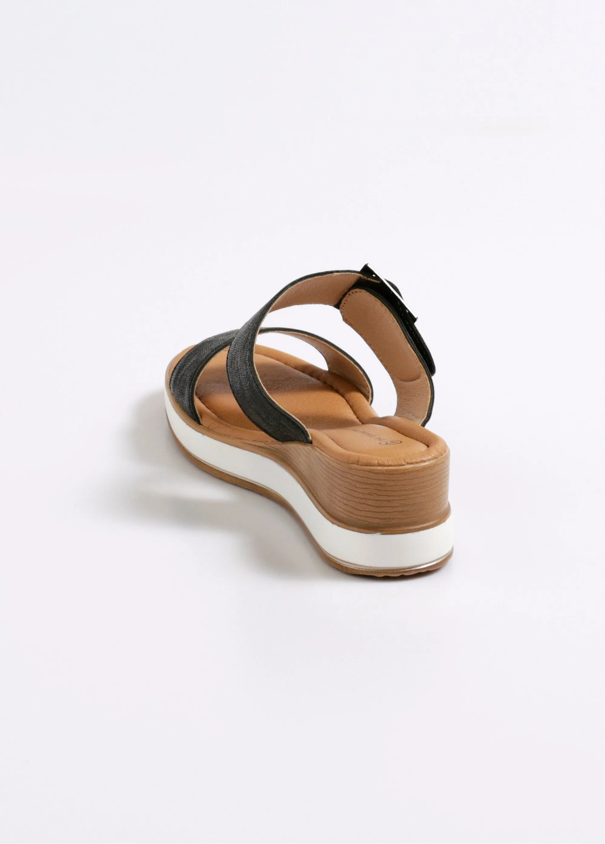 Wedge mules with fancy buckle strap