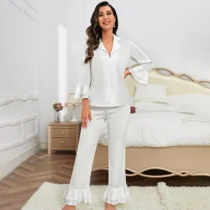 Whispering Elegance Satin Ruffle Trim Lounge Set