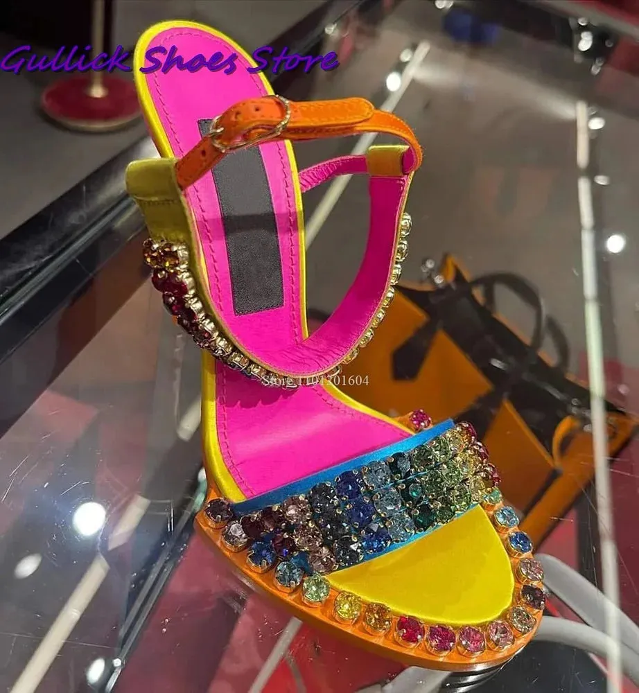 Women Colorful Crystal Sandals Glittering Buckle Strap Open Toe Stiletto High Heel One Strap Slipper Outwear Fashion Women Shoes