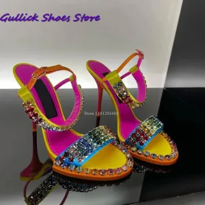 Women Colorful Crystal Sandals Glittering Buckle Strap Open Toe Stiletto High Heel One Strap Slipper Outwear Fashion Women Shoes