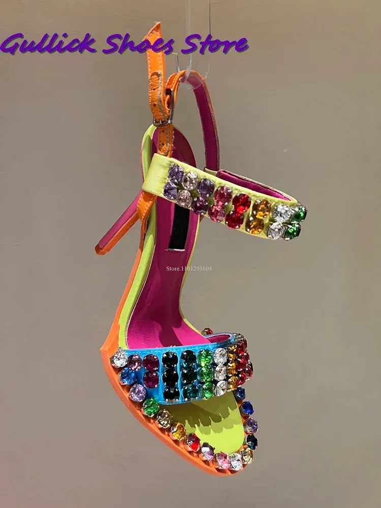 Women Colorful Crystal Sandals Glittering Buckle Strap Open Toe Stiletto High Heel One Strap Slipper Outwear Fashion Women Shoes