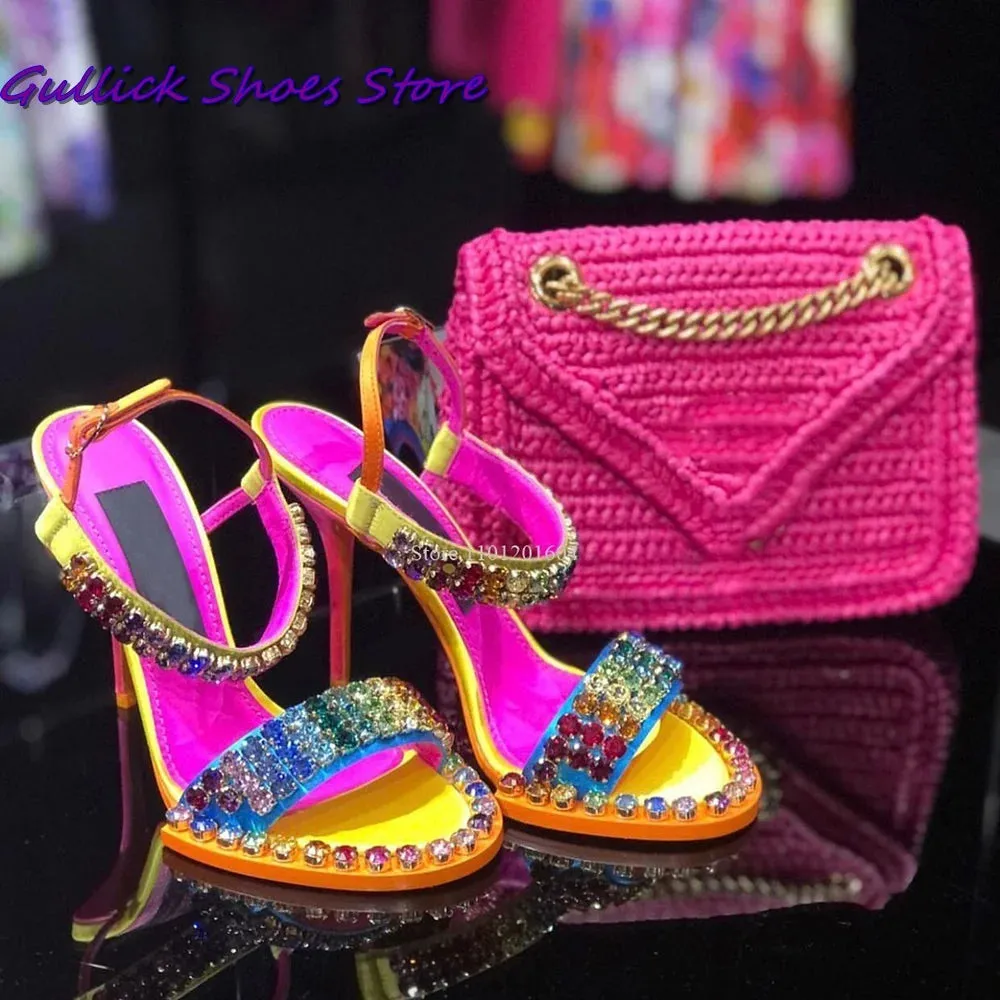 Women Colorful Crystal Sandals Glittering Buckle Strap Open Toe Stiletto High Heel One Strap Slipper Outwear Fashion Women Shoes