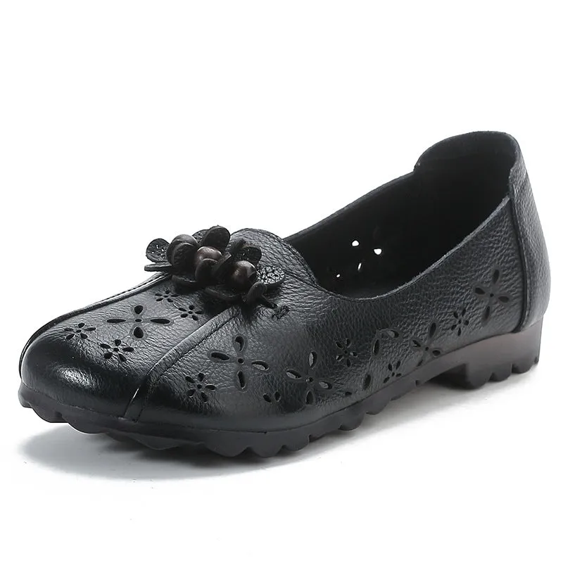 Women Retro Genuine Leather Soft Sole Hallow Flower Flats