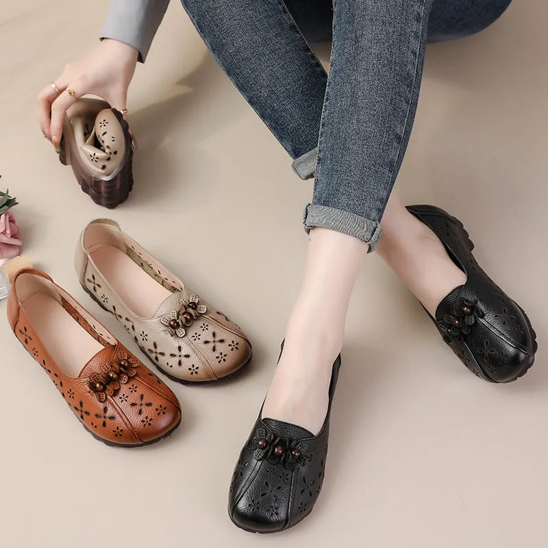 Women Retro Genuine Leather Soft Sole Hallow Flower Flats