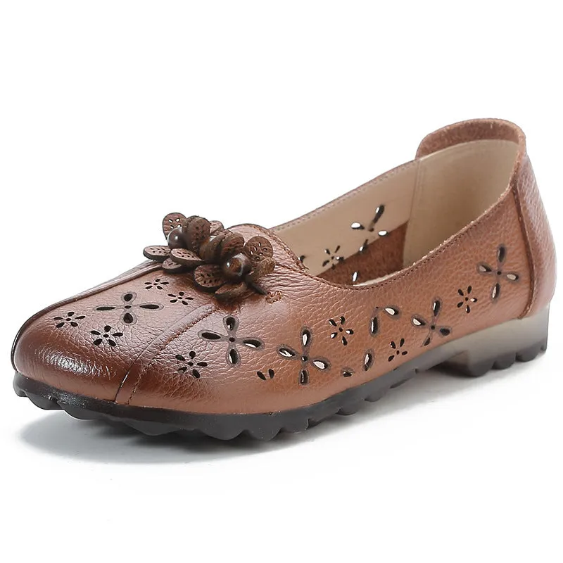 Women Retro Genuine Leather Soft Sole Hallow Flower Flats