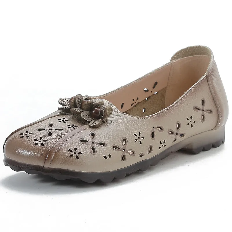 Women Retro Genuine Leather Soft Sole Hallow Flower Flats