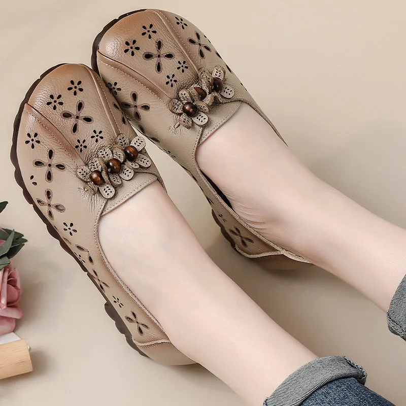 Women Retro Genuine Leather Soft Sole Hallow Flower Flats