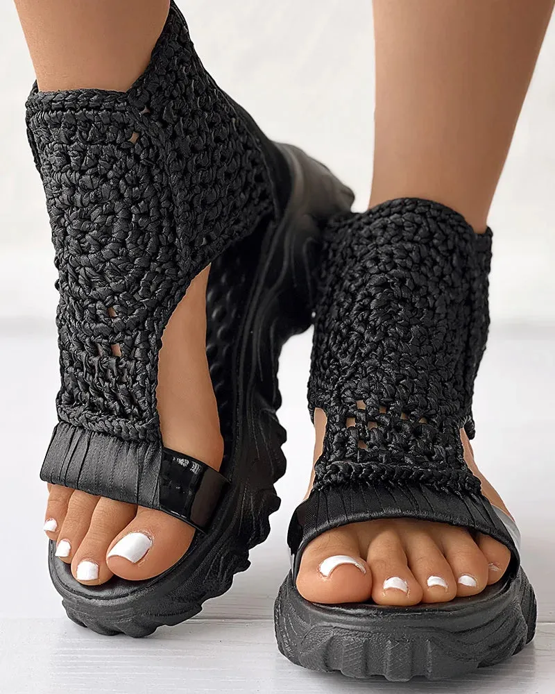 Women Sandals Braided Geometric Wedge Sandals Knitted Elastic Summer Shoes Mesh Flat Sandals Hollow Female Platform sandals gold