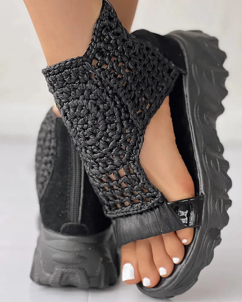 Women Sandals Braided Geometric Wedge Sandals Knitted Elastic Summer Shoes Mesh Flat Sandals Hollow Female Platform sandals gold