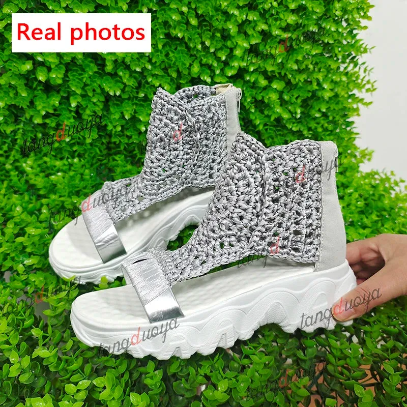 Women Sandals Braided Geometric Wedge Sandals Knitted Elastic Summer Shoes Mesh Flat Sandals Hollow Female Platform sandals gold