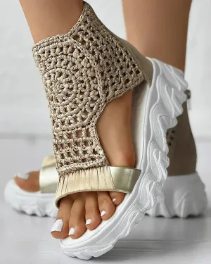 Women Sandals Braided Geometric Wedge Sandals Knitted Elastic Summer Shoes Mesh Flat Sandals Hollow Female Platform sandals gold