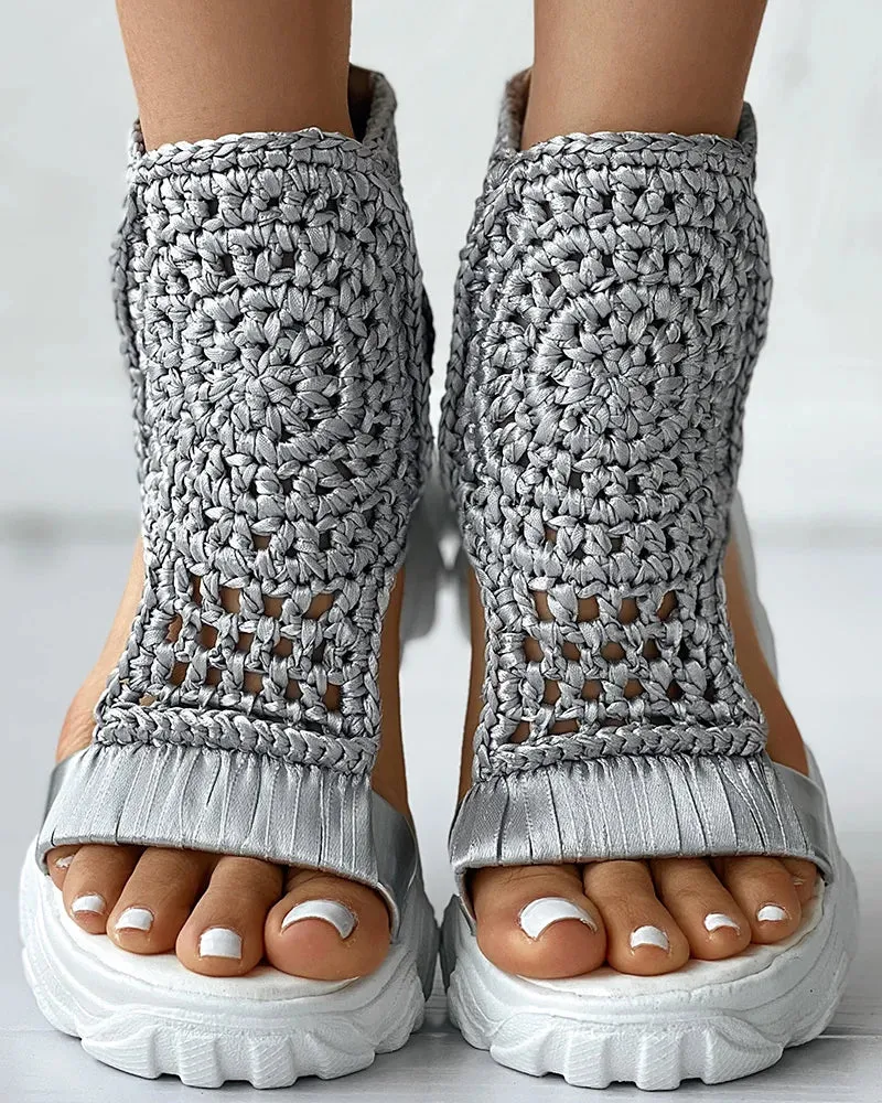 Women Sandals Braided Geometric Wedge Sandals Knitted Elastic Summer Shoes Mesh Flat Sandals Hollow Female Platform sandals gold