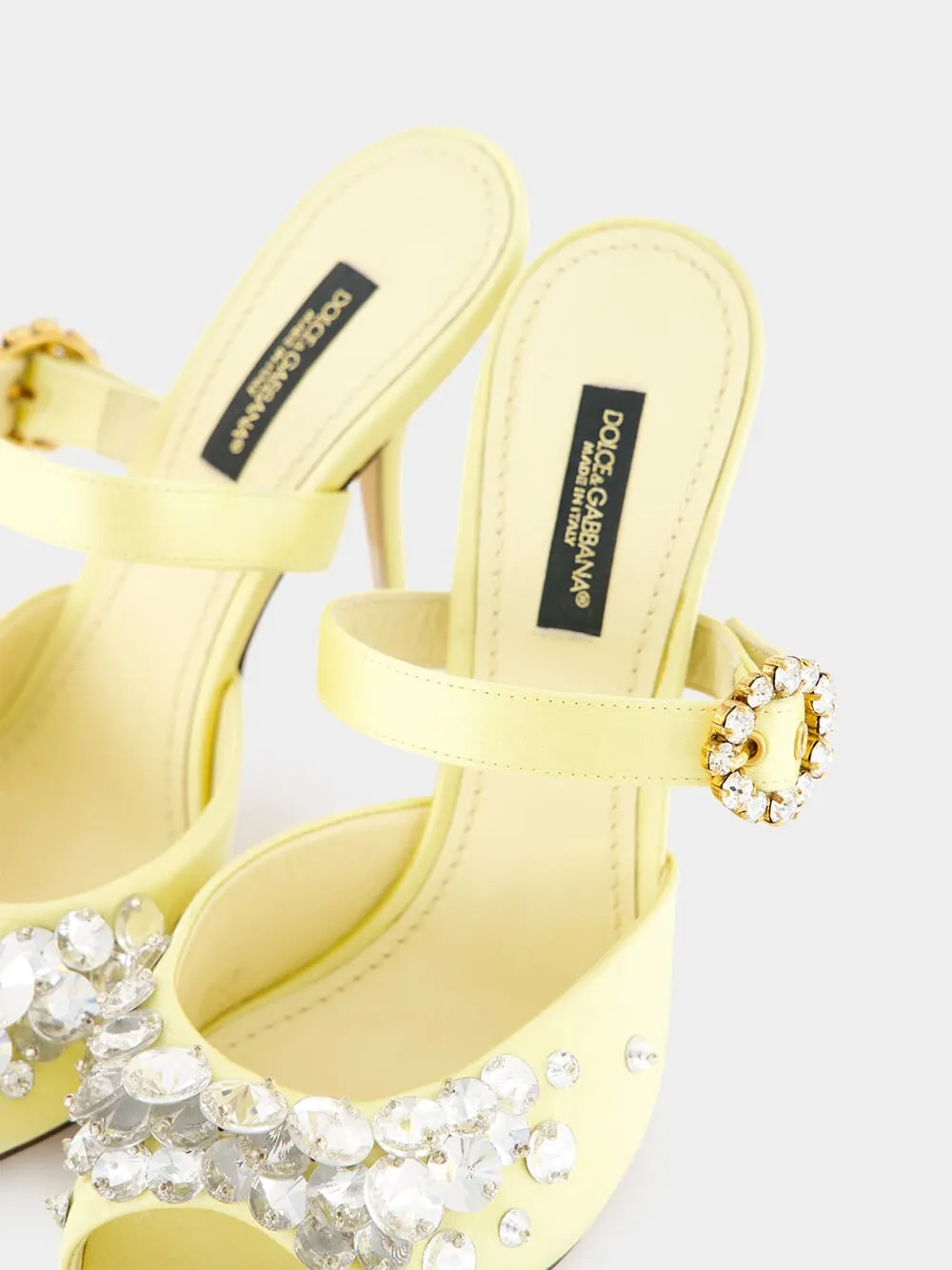 Yellow Satin Mules with Bejeweled Embellishment